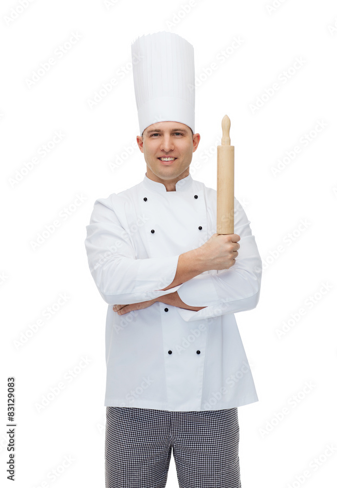 happy male chef cook holding rolling pin happy male chef cook holding rolling pin