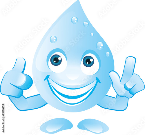 Wassertropfen mit lachendem Gesicht zeigt Achtung und Geste Du