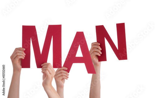 Many People Hands Holding Red Word Man 