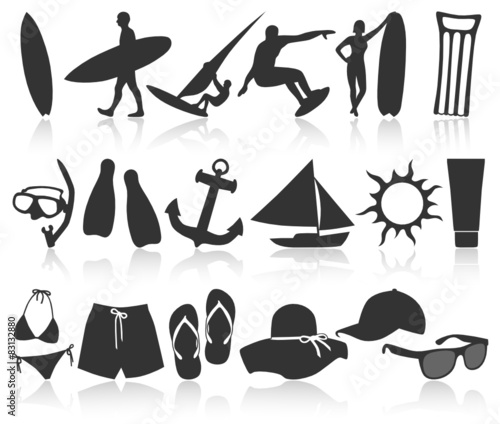 Set of Summer Items with Reflection