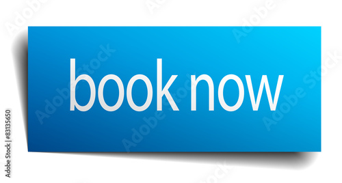 book now blue square isolated paper sign on white