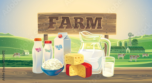 Rural landscape with and cows, and set of milk products.