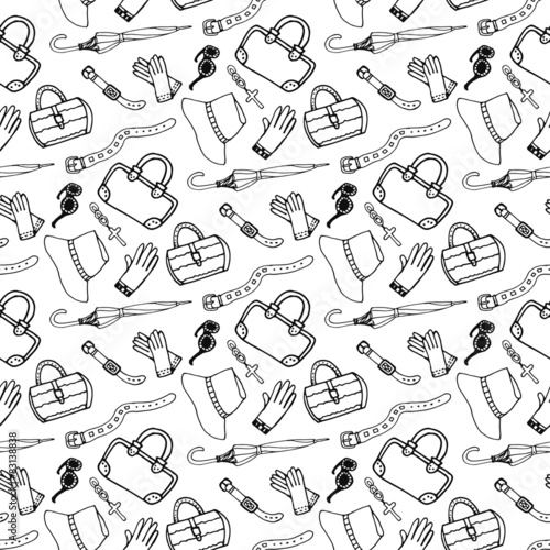 Doodle hand drawn girl fashion accessories and handbags seamless