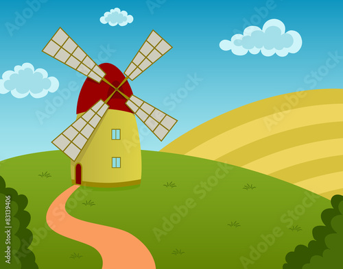 Vector illustration of a windmill on the field