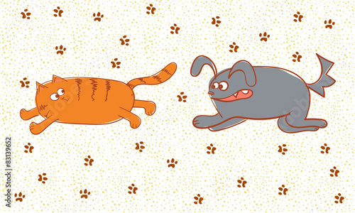 Angry dog chasing  the cat. Vector doodle illustration.