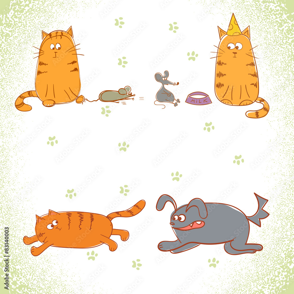 Set of illustrations with funny cats.