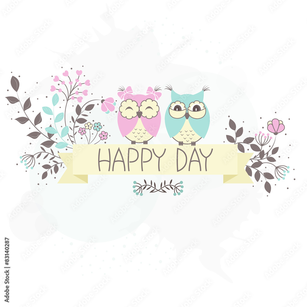 Beautiful pattern card with owls and flowers Beautiful pattern card with owls and flowers