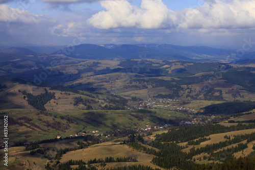 aerial view on villages in Carpathian mountains