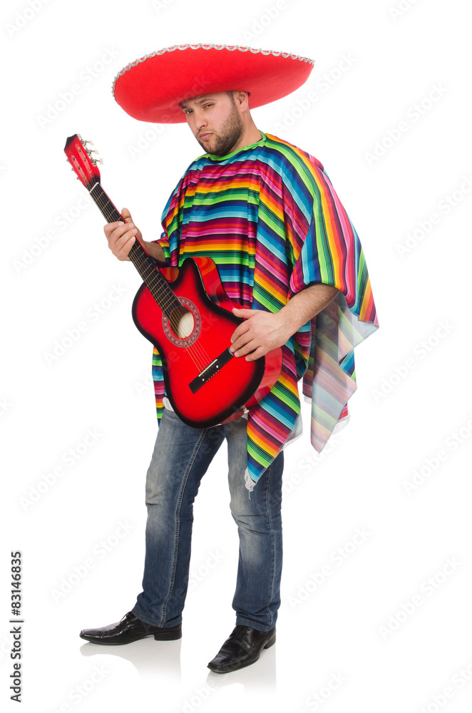 Funny mexican with guitar isolated on white Funny mexican with guitar isolated on white