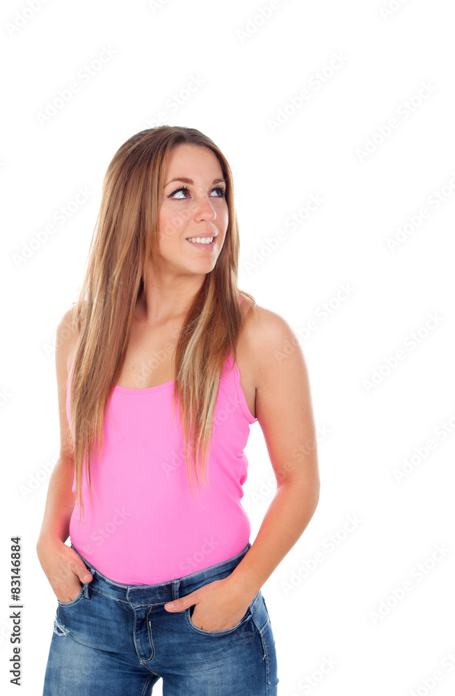 Cool woman dressed in pink looking up Cool woman dressed in pink looking up