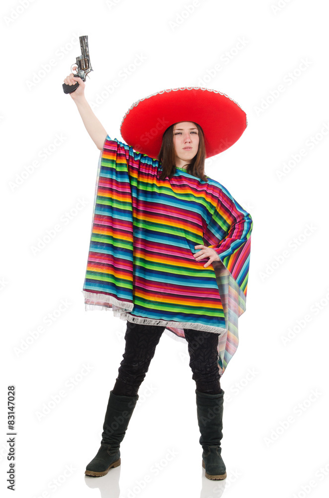 Pretty mexican girl in vivid pocho isolated on white Pretty mexican girl in vivid pocho isolated on white
