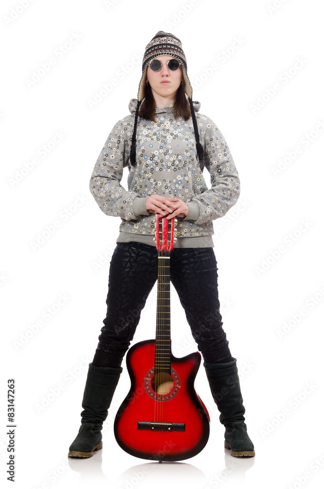 Young optimistic girl holding guitar isolated on white