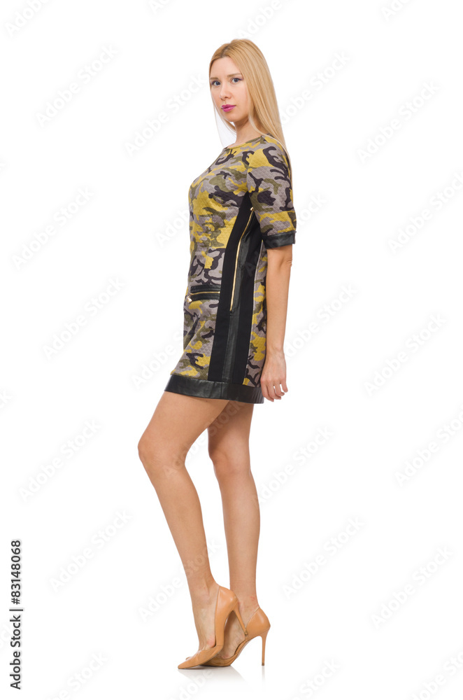 Woman in military style dress isolated on white Woman in military style dress isolated on white