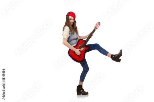 Young smiling girl with guitar isolated on white © Elnur