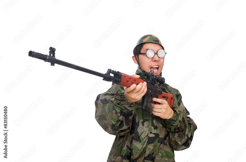 Military man with a gun isolated on white Military man with a gun isolated on white
