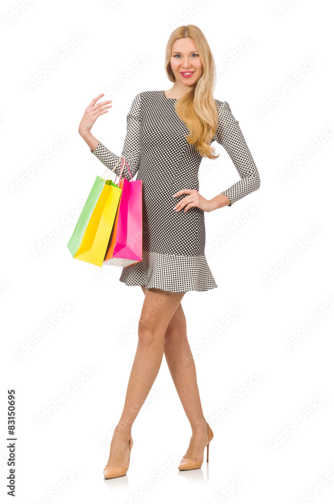 Young woman after shopping isolated on the white