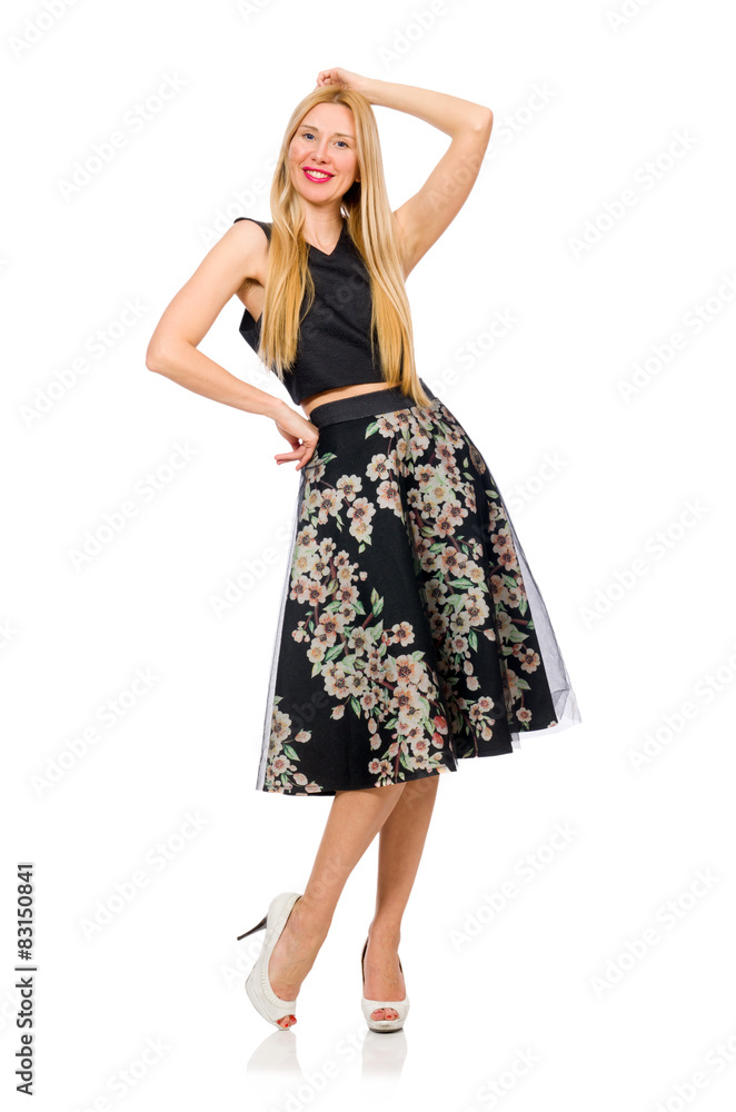 Woman in floral dark skirt isolated on white