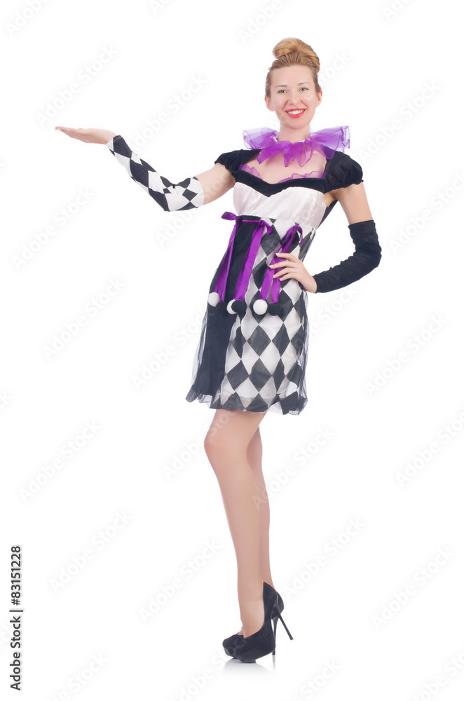 A girl in harlequin costume isolated on white A girl in harlequin costume isolated on white