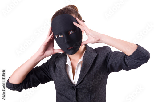 Woman with mask in hypocrisy concept