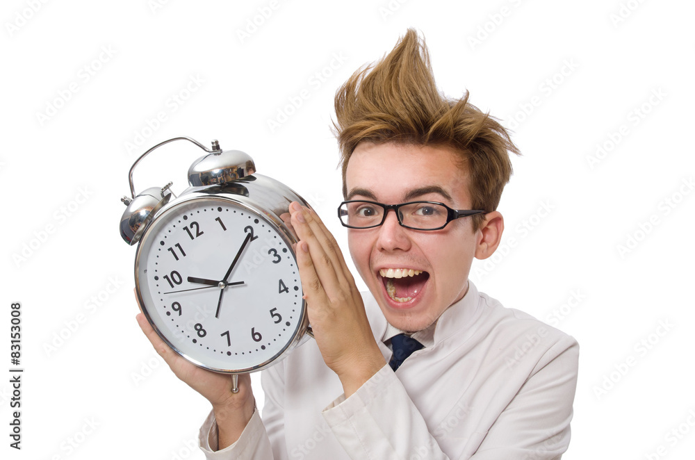Funny doctor with alarm clock isolated on white Funny doctor with alarm clock isolated on white