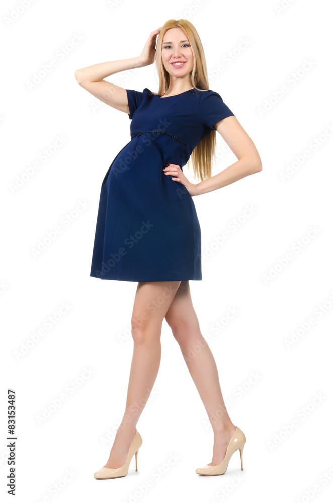 Beautiful pregnant woman in blue dress isolated on white