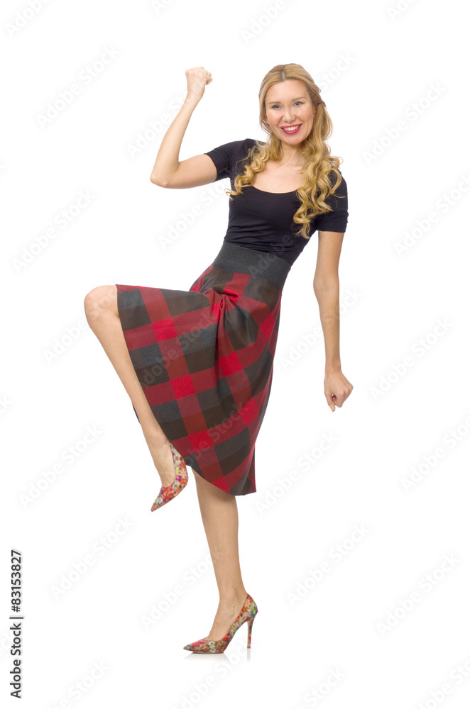 Beautiful young woman in plaid dress isolated on white Beautiful young woman in plaid dress isolated on white