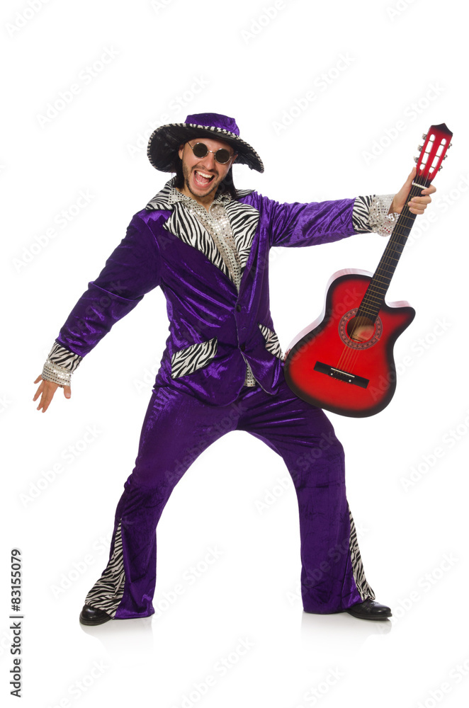 Man in funny clothing holding guitar isolated on white Man in funny clothing holding guitar isolated on white
