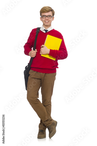 Student with bag and paper isolated on white