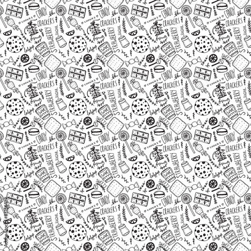 Hand drawn doodle seamless pattern. Sweets and treats.