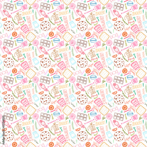 Hand drawn doodle seamless pattern. Sweets and treats.