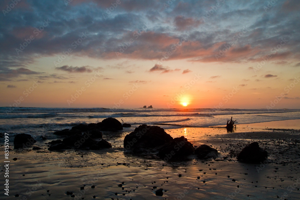 Beautiful romantic sunset view from Ayampe beach, Ecuador