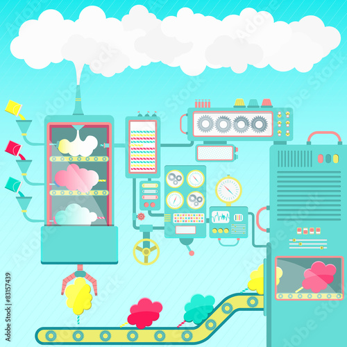 Creative and imaginative cotton candy factory made of clouds.