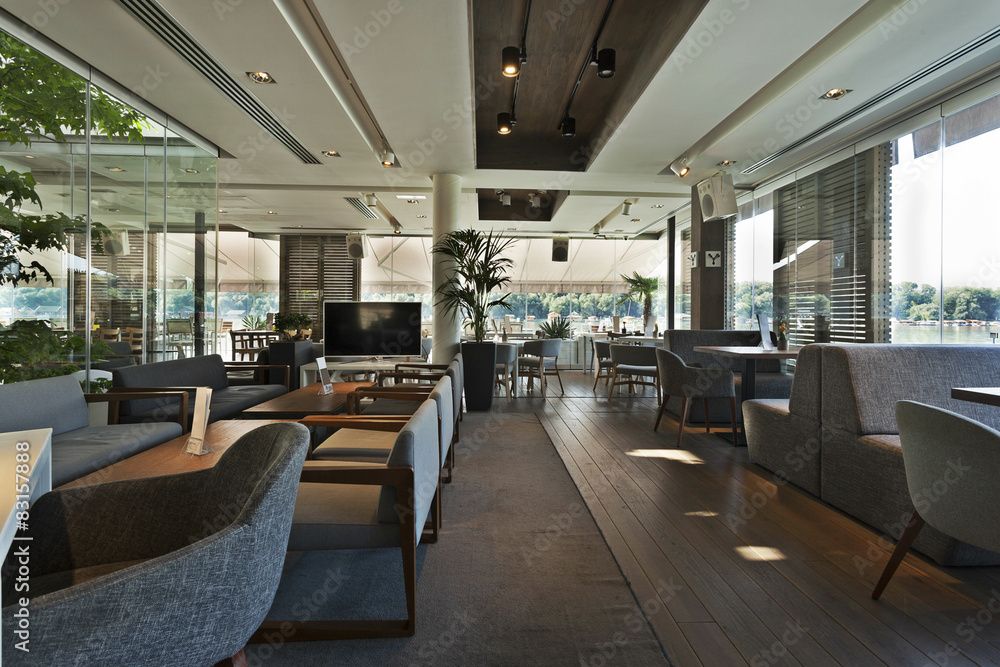 Interior of an elegant riverside cafe