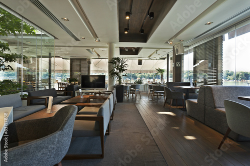 Interior of an elegant riverside cafe