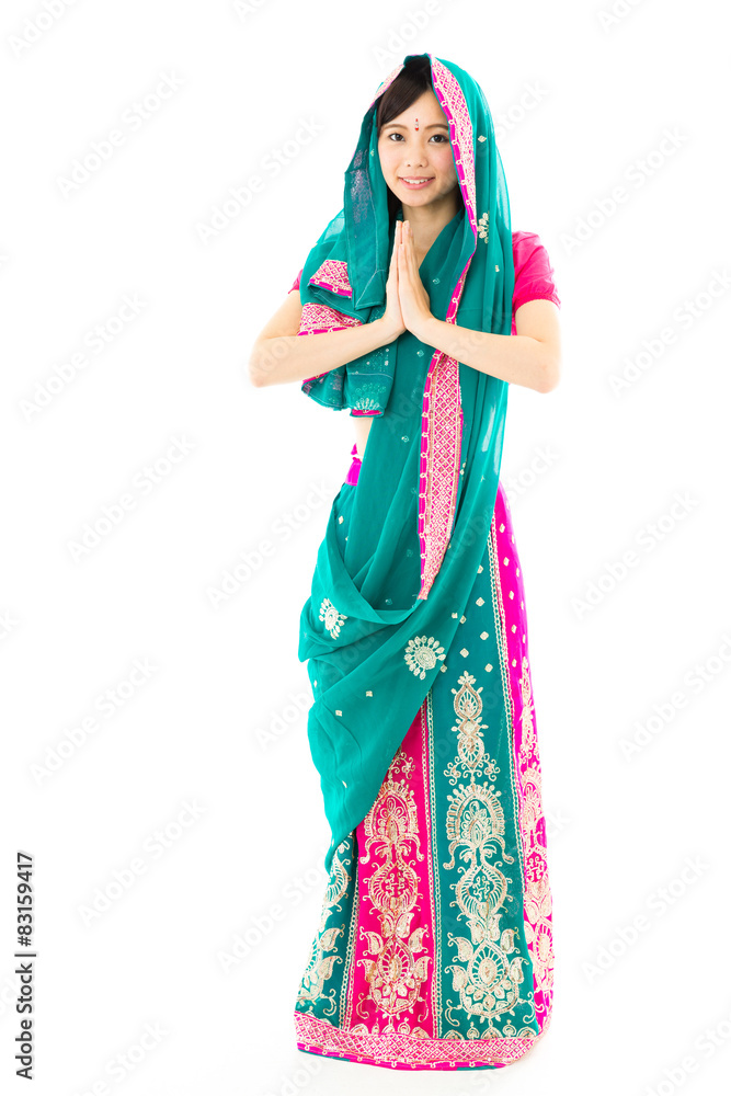 young asian woman wearing Sari on white background