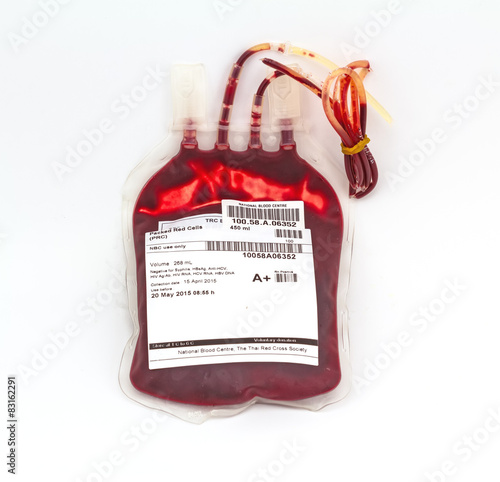 Close up bag of blood and plasma  group A and rubber tube isolat