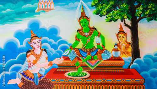 art painting on the public temple wall in thailand