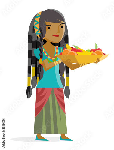 una mujer inca sosteniendo un canasto con comida sana y frutas