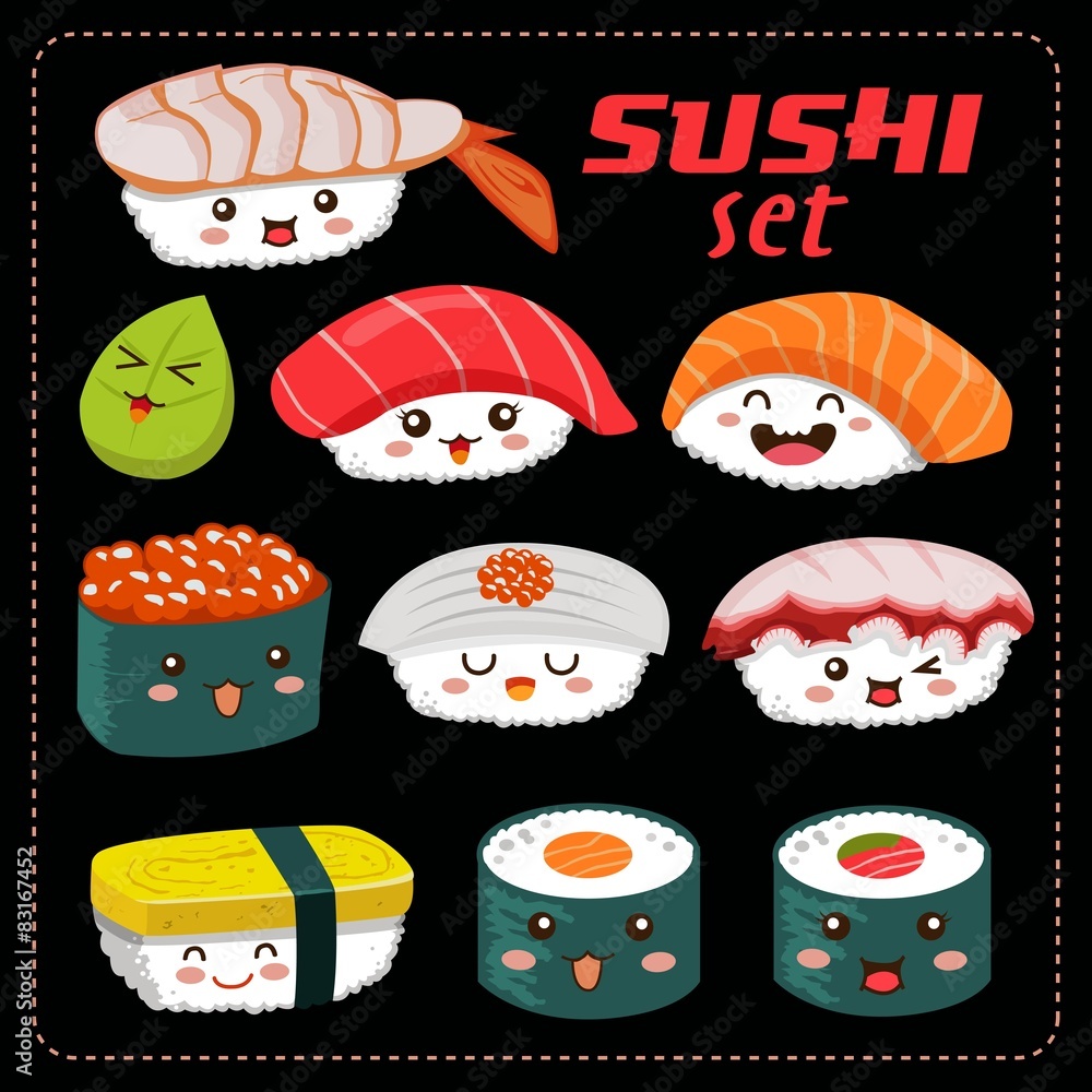 Sushi vector set. Sushi cartoon character illustration Sushi vector set. Sushi cartoon character illustration