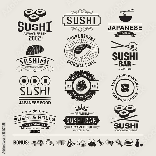Sushi design elements, logos, badges, label and icons.