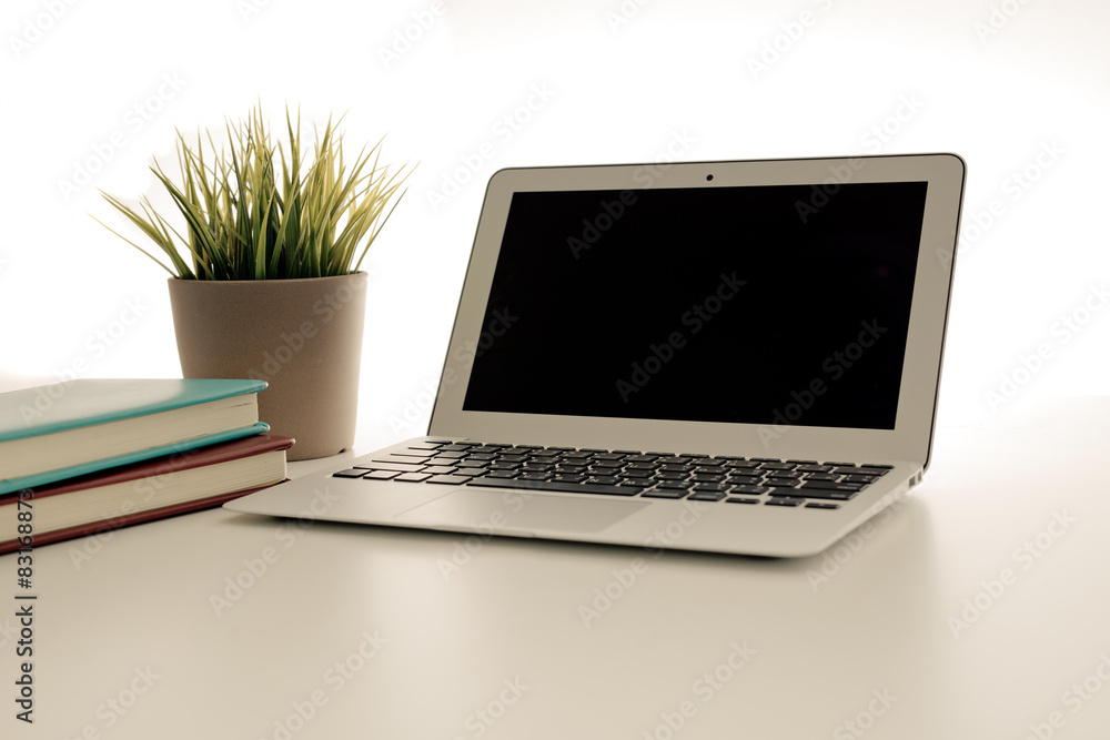 Fototapeta premium Still-life portrait of computer, pen, coffee mug on table, busin