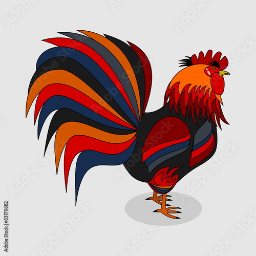 a rooster with a beautiful plumage on a grey background