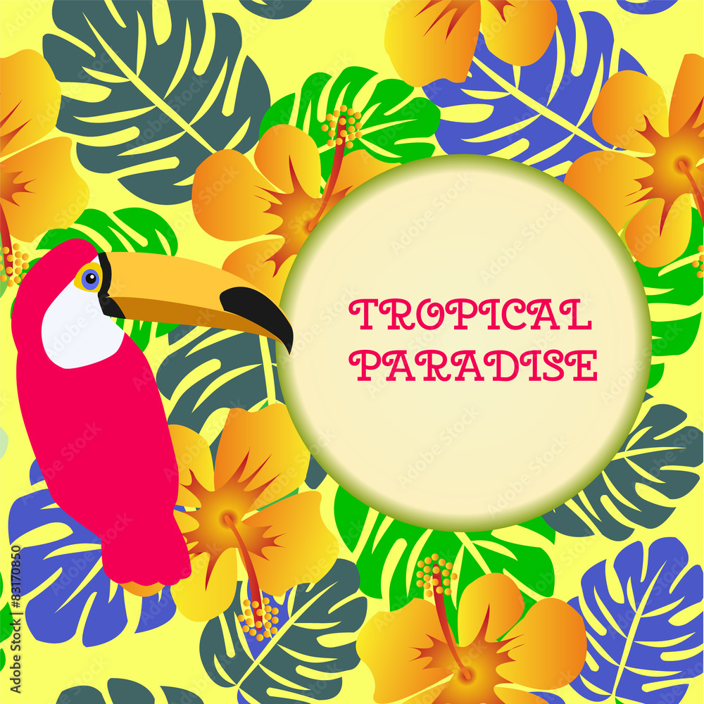 Tropical Pattern with Monstera leaves and toucan