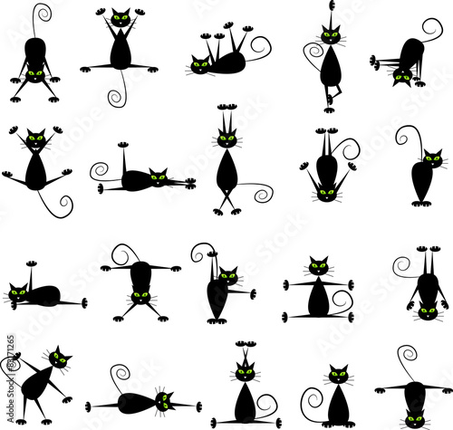 Set of black cats doing yoga and gymnastics.