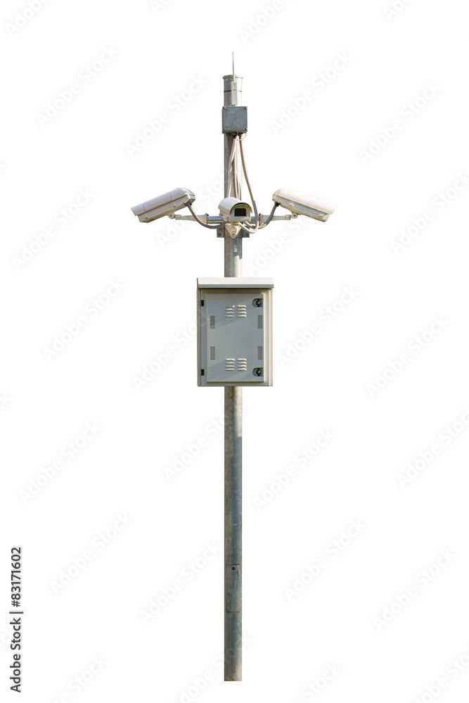 Three CCTV security camera outdoor at steel pole isolated on whi Three CCTV security camera outdoor at steel pole isolated on whi