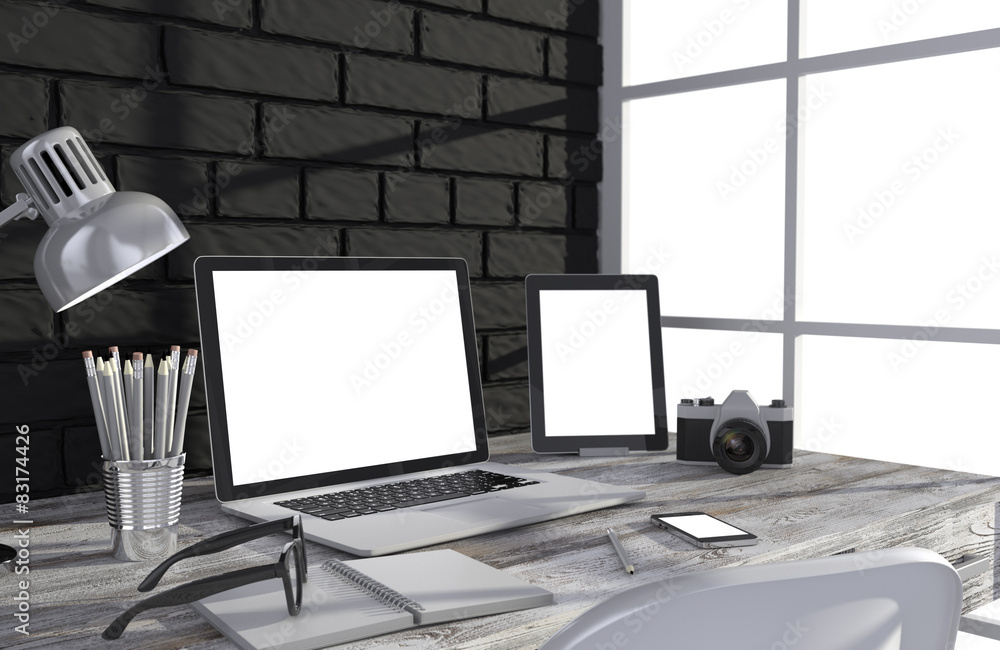 3D illustration laptopand work stuff on table near brick wall 3D illustration laptopand work stuff on table near brick wall