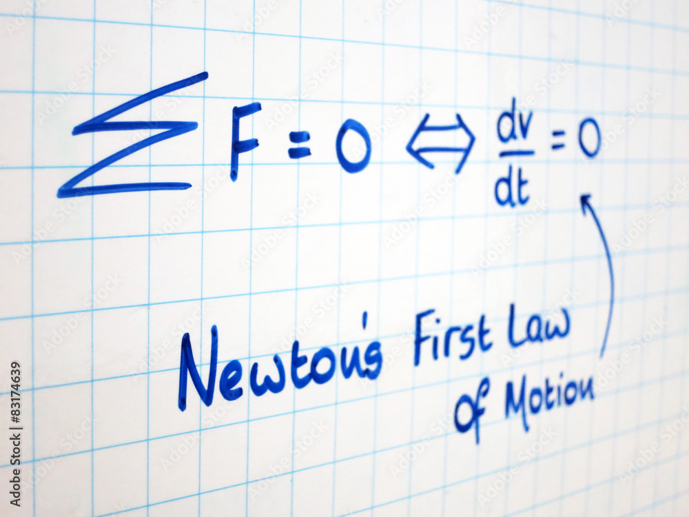 Newton’s First Law of Motion written on whiteboard Newton’s First Law of Motion written on whiteboard