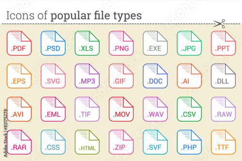 Icons of popular file types and files extensions. 