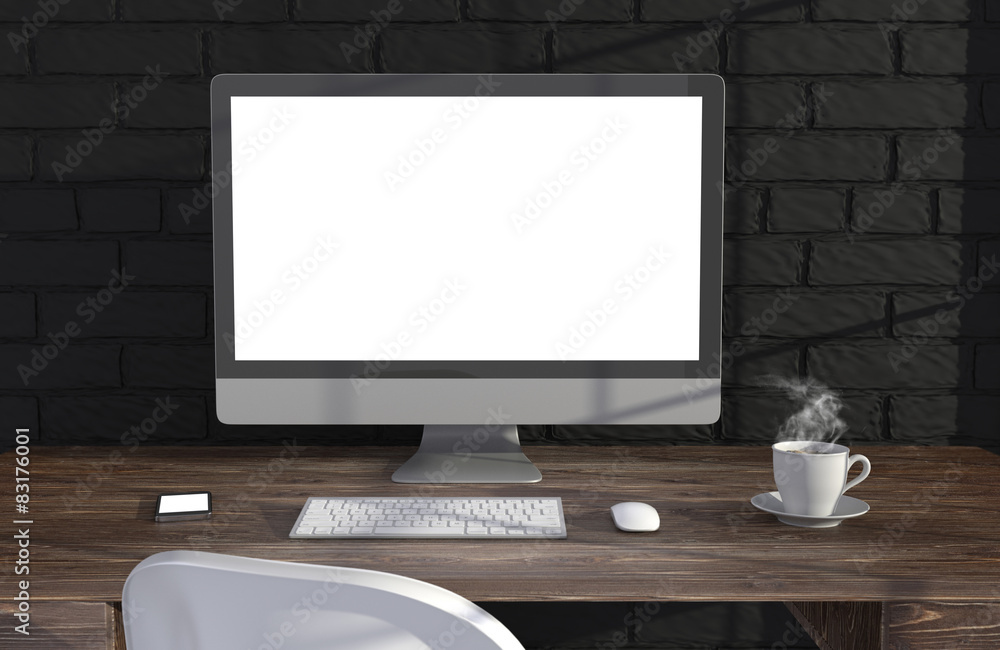 Fototapeta premium 3D illustration PC screen on table near brick wall Workspace