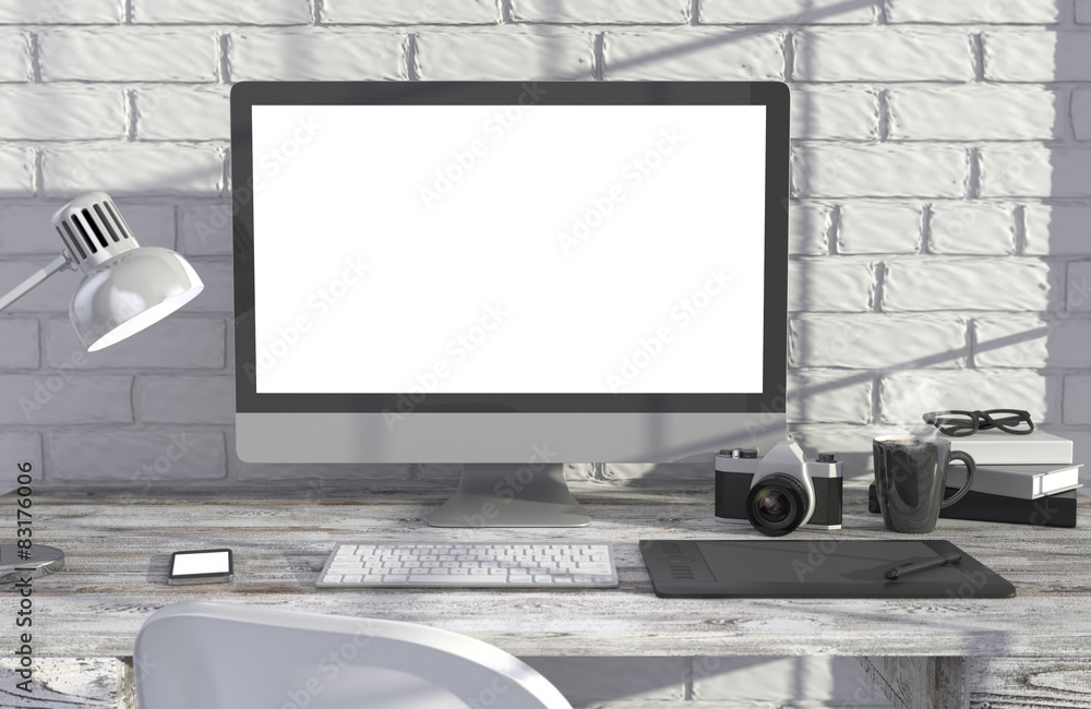 Fototapeta premium 3D illustration PC screen on table near brick wall Workspace